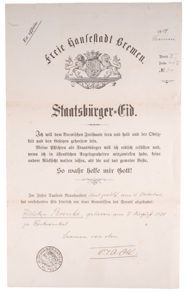 Urkunde Staatsbürger-Eid Wilhelm Brenke Bremen 1912