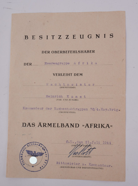 Besitzzeugnis Ärmelband "Afrika" Kunst Kommandeur d. Nachschubtruppen 70/4.Kav.Brig