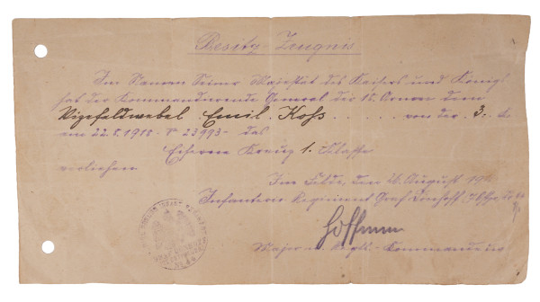 Besitz-Zeugnis Eisernes Kreuz 1. Klasse Koß Inf. Regt. No. 44
