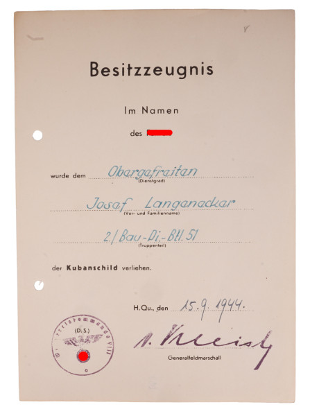Besitzzeugnis Kubanschild Langenecker 2./Bau-Pi.-Btl. 51