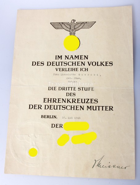Urkunde Ehrenzeichen der Deutschen Mutter