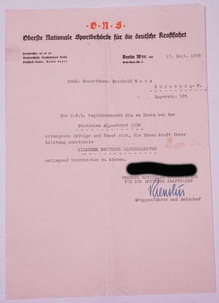 Oberste Nationale Sportbehörde Übersendungsschreiben Silberne Deutsche Alpenplakette