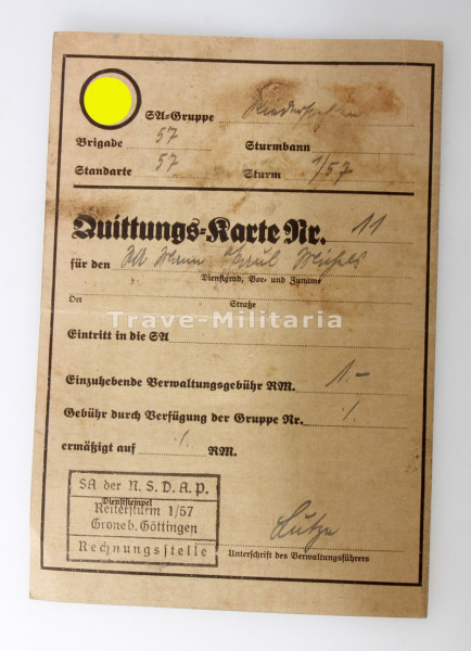 SA Quittungs-Karte Standarte 57 Gruppe Niedersachsen