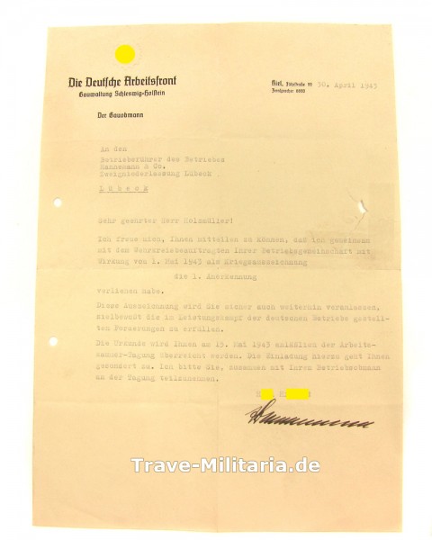 Anschreiben zur 1. Annerkennung der Deutschen Arbeitsfront Lübeck Hannemann&Co