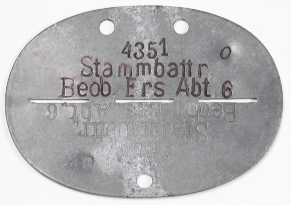 Erkennungsmarke Stammbattr. Beob. Ers. Abt. 6 4351 0