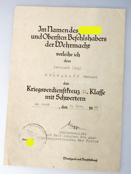 Urkunde Kriegsverdienstkreuz 2. Klasse mit Schwertern Leutnant Krieghoff