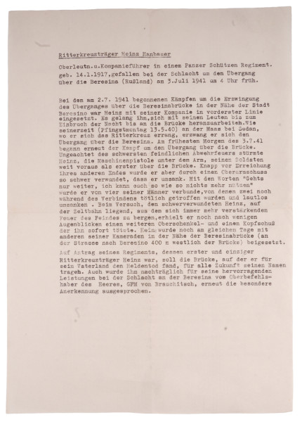 Bericht Ritterkreuzträger Heinz Hanbauer gefallen 03.07.1941