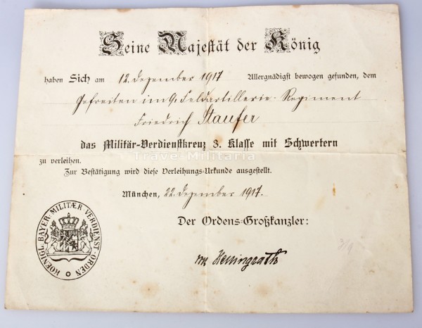 Urkunde Bayern Militärverdienstkreuz 3. Klasse mit Schwertern Stufer