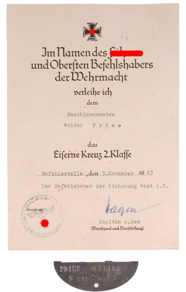 Urkunde Eiserne Kreuz 2. Klasse Pries