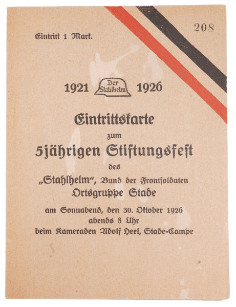 Der Stahlhelm Eintrittskarte zum 5 jährigen Stiftungsfest Ortsgruppe Stade