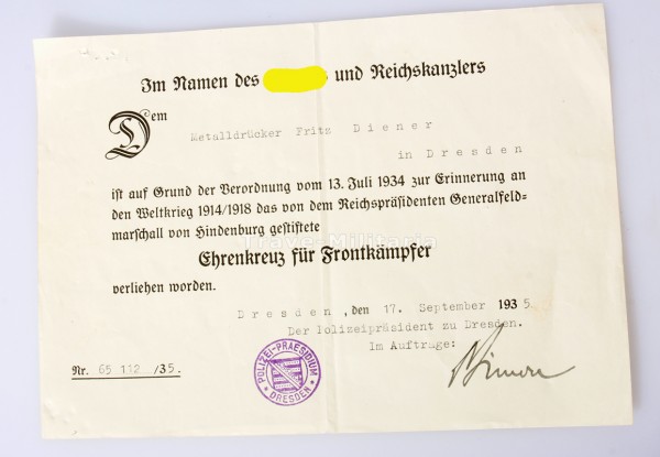 Urkunde Ehrenkreuz für Frontkämpfer Diener, aus Dresden