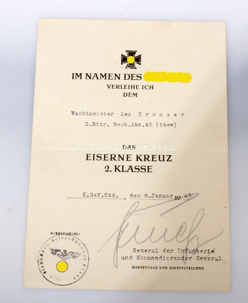 Urkunde Eisernes Kreuz 2. Klasse Kronser Beob. Abt. 45 (tbew)