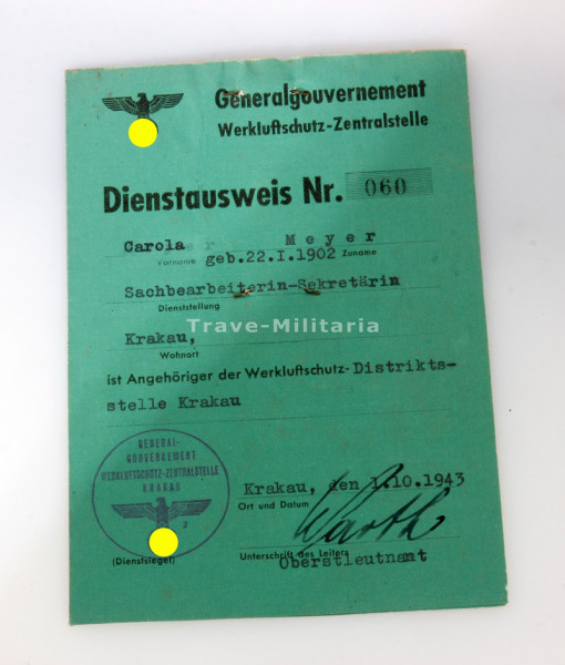 Generalgouvernement Werkluftschutz-Zentralstelle Dienstausweis Meyer