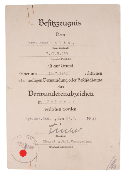 Besitzzeugnis Verwundetenabzeichen in Schwarz Nolte I.R. 459