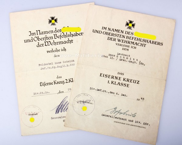 Papiergruppe Eisernes Kreuz 1. und 2. Klasse Hans Schmidt 134 + 299. ID