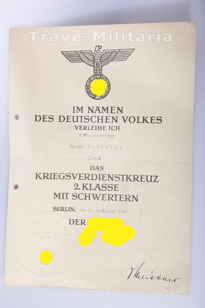Verleihungsurkunde Kriegsverdienstkreuz 2. Klasse mit Schwertern - DIN A4
