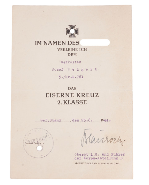 Urkunde Eisernes Kreuz 2. Klasse Weigert Gr. R. 761