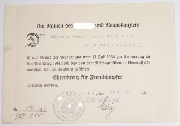 Urkunde Ehrenkreuz für Frontkämpfer Sell