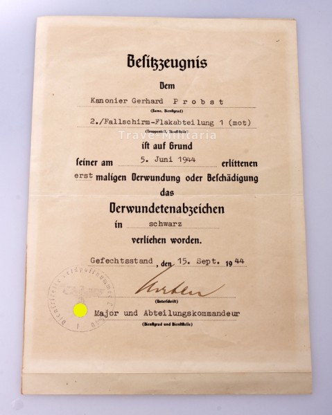 Besitzzeugnis Verwundetenabzeichen in Schwarz Fallschirm-Flakabteilung 1 (mot)