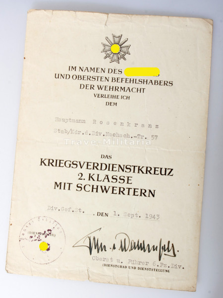 Urkunde Kriegsverdienstkreuz 2. Klasse mit Schwertern Rosenkranz