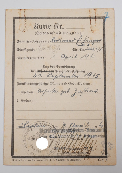 Soldatenfamilienarztkarte Eichinger Kriegsmarine