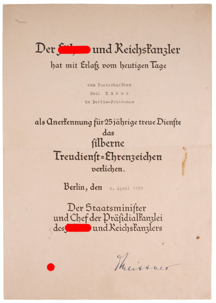 Urkunde silbernes Treuedienst-Ehrenzeichen Postschaffner Kähne
