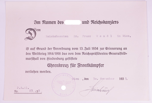 Urkunde Ehrenkreuz für Frontkämpfer Dr. Franz Wendl, Wien