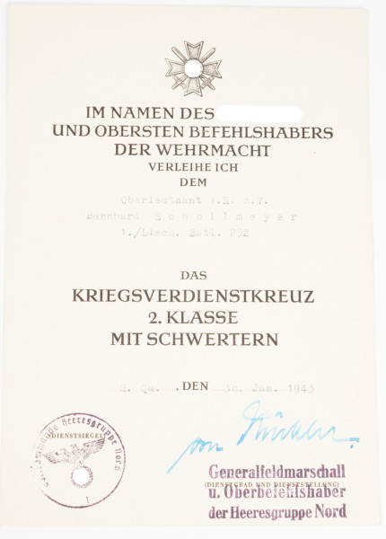 Urkunde Kriegsverdienstkreuz 2.Klasse mit Schwertern Schollmeyer