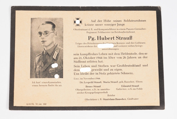 Todesanzeige Ritterkreuzträger Hubert Strauß