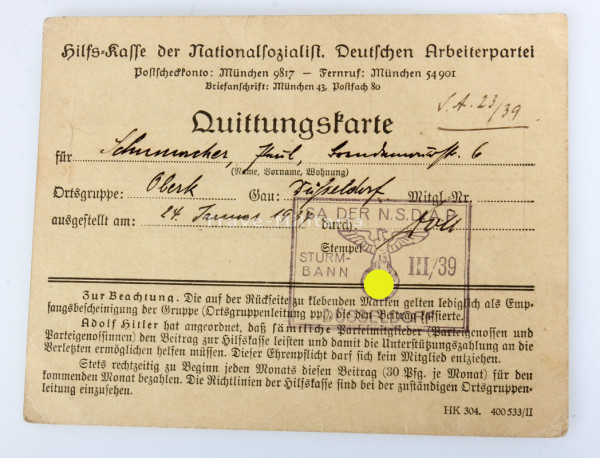 NSDAP Hilfskasse Quittungskarte Schumacher