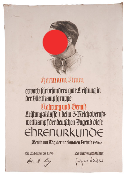 Reichsberufswettkampf Ehrenurkunde 1936 Nahrung und Genuss Timm