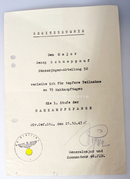 Besitzzeugnis Nahkampfspange in Bronze Major Georg Schnappauf Ritterkreuzträger
