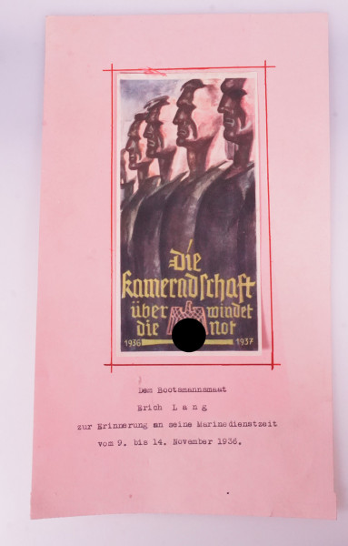 Erinnerungsblatt Marinedienstzeit 1936 Bootsmannsmaat Lang