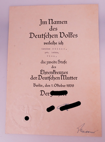 Urkunde Ehrenkreuz der Deutschen Mutter zweite Stufe Müller Wien