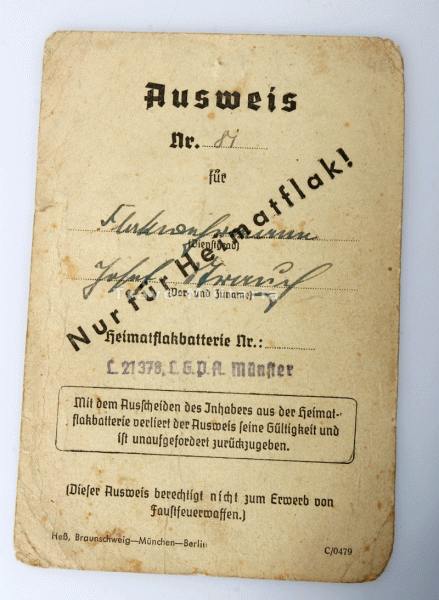 Ausweis der Heimatflakartillerie Josef Strauch