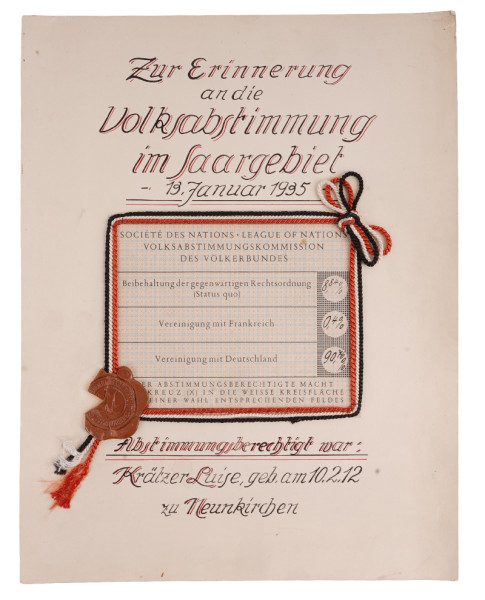 Erinnerungsurkunde Volksabstimmung im Saargebiet 1935 Krätzer