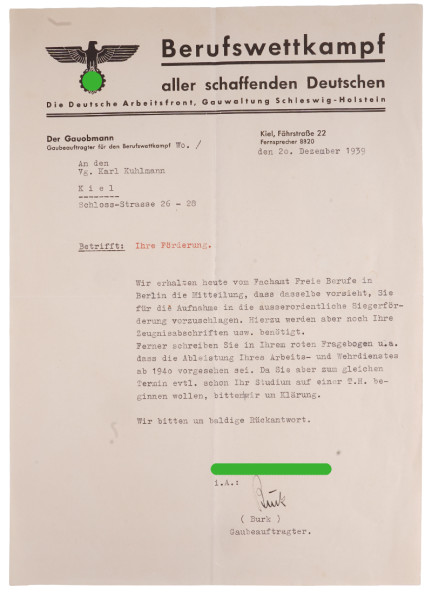 Schreiben Berufswettkampf aller schaffenden Deutschen - Förderung