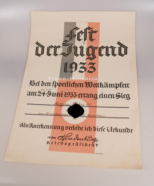 Urkunde Fest der Jugend 1933 Wilhelm Papst OI.