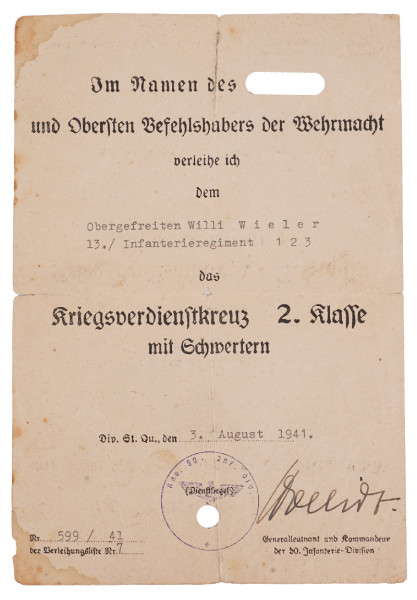 Urkunde Kriegsverdienstkreuz 2. Klasse mit Schwertern Wieler I.R.123