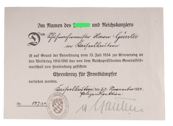 Urkunde Ehrenkreuz für Frontkämpfer Günter Kaiserslautern