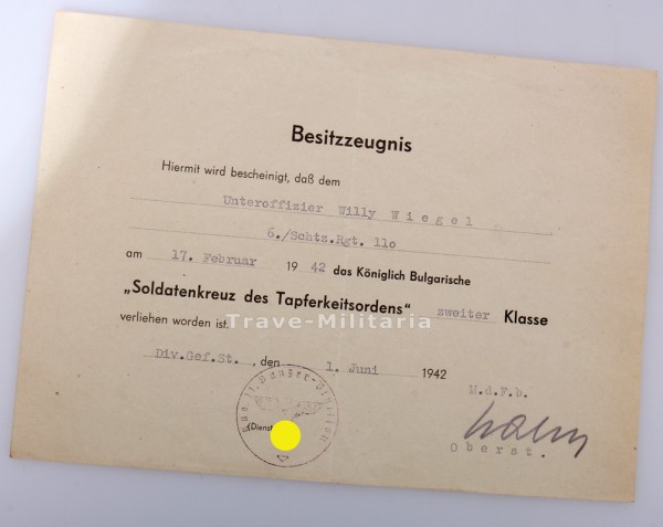 Bulgarien Besitzzeugnis Soldatenkreuz des Tapferkeitsordens 2. Klasse