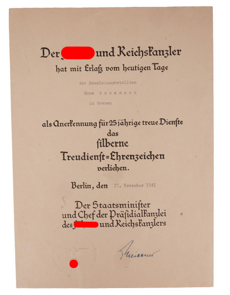 Urkunde silbernes Treuedienst-Ehrenzeichen Goosmann Bremen