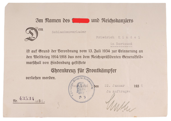 Urkunde Ehrenkreuz für Frontkämpfer Kindel Dortmund