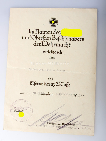 Urkunde Eisernes Kreuz 2. Klasse Montag 12. Pz. Div.