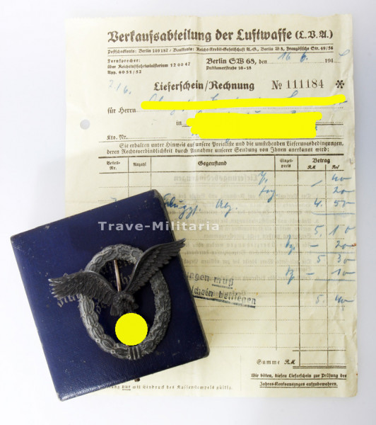 Flugzeugführerabzeichen der Luftwaffe im Etui mit Rechnung
