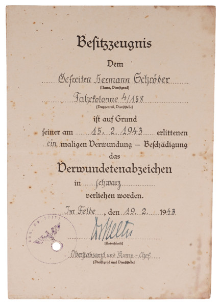 Besitzzeugnis Verwundetenabzeichen in Schwarz Schröder Fahrkolonne 4/158