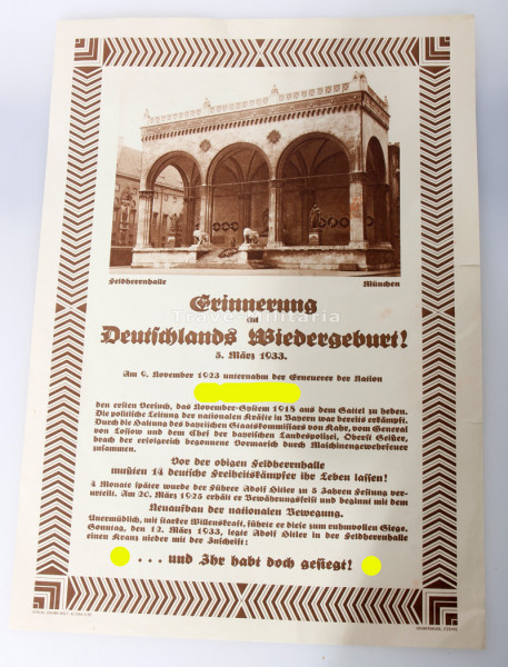 Erinnerungsblatt an Kranzniederlegung vor der Feldherrnhalle 1933