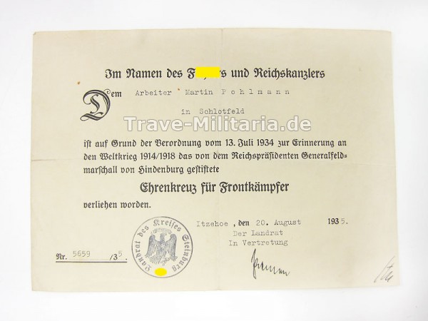 Urkunde zum Ehrenkreuz für Frontkämpfer Kreis Steinburg