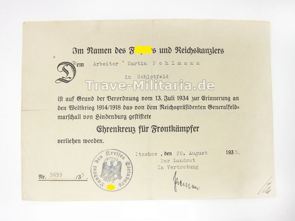 Urkunde zum Ehrenkreuz für Frontkämpfer Kreis Steinburg