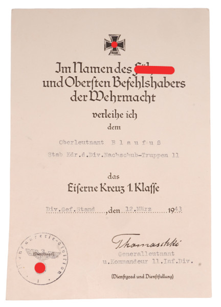 Urkunde Eisernes Kreuz 1. Klasse Stab Kdr. d. Div. Nachschub-Fr. 11